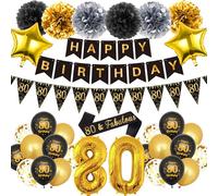 Decorazione per 80° compleanno, per uomo e donna, 33 pezzi, nero e oro, striscione con scritta "Happy Birthday", palloncino con numero 80, palloncini in lattice nero, per lui, lei, uomini, donne, 80