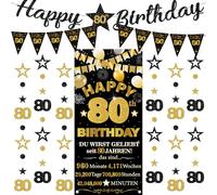 Decorazione per 80° compleanno, per uomo e donna, 9 pezzi, nero e oro, con scritta "Happy 80th Birthday", bandierine triangolari, numero 80, cerchio, punti, stelle scintillanti, ghirlanda per uomini e