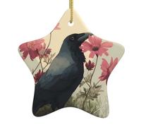 Decorazione per albero di Natale in ceramica da appendere a forma di stella YYHHAOFA il corvo che guarda i fiori stampa con cavo dorato facile da appendere