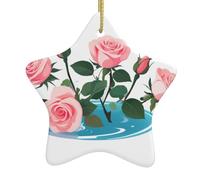 Decorazione per albero di Natale in ceramica da appendere a forma di stella Yyhwhjde, rose che sbocciano nell'acqua, design squisito, 7,9 x 7,9 cm