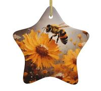 Decorazione per albero di Natale in ceramica da appendere a forma di stella, Yyhwhjde, un'ape da miele che raccoglie nettare stampe dal design squisito, 7,9 x 7,9 cm