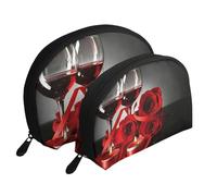 Decorazione per amanti romantici di rose rosse e vino, Borsa per trucco a conchiglia Portamonete da donna Borsa da toilette piccola Borsa per cosmetici 2 pezzi