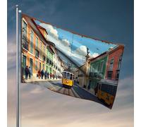 Decorazione per bar all'aperto, scena di strada colorata con tram e architettura storica, bandiere divertenti per dormitorio universitario (60 x 90 cm)