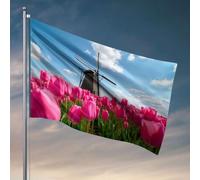 Decorazione per bar sul retro Un campo di tulipani rosa con un mulino a vento sullo sfondo. Bandiera divertente decorazione per la stanza da palestra (30 x 45 cm)