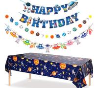 Decorazione per Compleanno a Tema Spaziale, Tovaglia per Feste Spaziali, Striscione Happy Birthday Party con Pianeti Astronauti Razzi Astronavi per Ragazzi Bambini