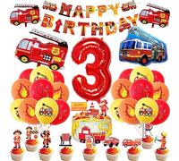 Decorazione per compleanno dei vigili del fuoco, 3 anni, 36 pezzi, auto dei pompieri per 3 compleanni, palloncini per bambini, decorazione di compleanno, 3 anni
