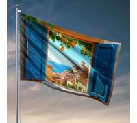Decorazione per dormitorio universitario divertente con vista pittoresca di una città costiera con vivaci edifici arancioni bandiera bandiera per stanza universitaria da uomo (152 x 244 cm)