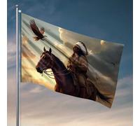 Decorazione per dormitorio universitario divertente guerriero nativo americano a cavallo al tramonto, bandiera bar per uomo grotta bandiere alla moda camera ragazzi (152 x 244 cm)