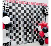 Decorazione per feste di compleanno con auto da corsa, confezione da 2 pezzi, sfondo per cabina fotografica, tende a frange a scacchi nere e argento, stelle filanti fotografiche per un tizio felice a