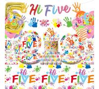 Decorazione per feste di compleanno Hi Five, tra cui striscione Hi Five, piatti da cena, piatti da dessert, tazze, tovaglioli, tovaglie, palloncini, cannucce, per bambini, ragazzi e ragazze, per feste