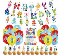 Decorazione per feste di compleanno robot, include striscioni Happy Birthday, topper per torte, cupcake toppers e palloncini, accessori per feste di compleanno robot, accessori per ragazzi e ragazze