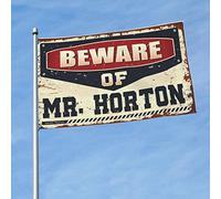 Decorazione per garage da uomo, con scritta "Beware Of Mr. Horton", divertente bandiera da giardino, decorazione per uomo (120 x 180 cm)