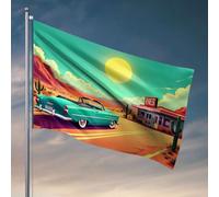 Decorazione per grotta degli uomini auto vintage parcheggiata all'esterno di una cena retrò nel deserto. Bandiera portico decorazione bar decorazione per la casa (30 x 45 cm)