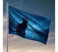 Decorazione per grotta degli uomini, un gatto nero seduto sull'acqua sotto un cielo notturno stellato. Bandiera per la stanza delle ragazze, decorazione autunnale per esterni (152 x 244 cm)