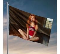 Decorazione per grotta degli uomini, una giovane donna con un vestito rosso da cheerleader si siede su un pavimento in legno. Bandiera autunnale bandiera da giardino o barca (30 x 45 cm)