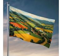 Decorazione per grotta degli uomini, una pittoresca campagna con colline ondulate, campi colorati e case sparse. Bandiera per la stanza delle ragazze, decorazione autunnale per esterni (60 x 90 cm)