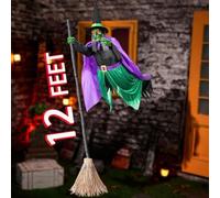 Decorazione per Halloween con strega volante da 3,7 m, animatronica in bilico con suono e luce attivati dal movimento, decorazione spaventosa per giardino e prato per case del Regno Unito (viola)