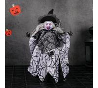Decorazione per Halloween, puntale per albero di strega che schianta contro l'albero, strega nera con gonna a ragnatela, cappello nero a punta e base conica con scopa volante, per caminetto da