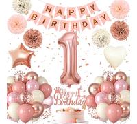 Decorazione per il 1° Compleanno, Decorazione per il Compleanno di 1 Anno per Ragazza Rosa Oro Rosa, Decorazione per Compleanno di 1 Anno per Ragazza, Palloncini per il 1° Compleanno Happy Birthday