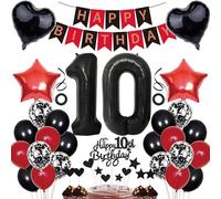 Decorazione per il 10° compleanno, per ragazze, decorazione per torte, colore nero, rosso, per feste, palloncini con coriandoli, numero 10 palloncini