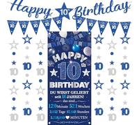 Decorazione per il 10° compleanno per ragazze e ragazzi, 9 pezzi, blu e argento, con scritta "Happy 10th Birthday", bandierine triangolari, numero 10, cerchio, puntini, stelle scintillanti, ghirlanda
