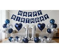 Decorazione per il 11° compleanno, per bambini, 11 anni, per bambine e ragazzi, 11° metallizzato, oro blu, bianco, palloncino decorativo per 11 anni, decorazione per feste di compleanno (11 .)