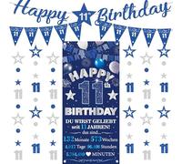 Decorazione per il 11° compleanno per ragazze e ragazzi, 9 pezzi, blu e argento, con scritta "Happy 11th Birthday", bandierine triangolari, numero 11, cerchio, puntini, stelle scintillanti, ghirlanda