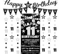 Decorazione per il 11° compleanno per ragazze e ragazzi, 9 pezzi, nero e argento, con scritta "Happy 11th Birthday", bandierine triangolari, numero 11, cerchio, puntini, stelle scintillanti, ghirlanda