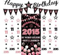 Decorazione per il 11° compleanno per ragazze e ragazzi, 9 pezzi, nero e oro rosa, fantastici sfondi dal 2015, striscioni triangolari, bandierine, numero 11, cerchio, puntini, stelle scintillanti