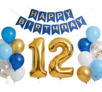 Decorazione per il 12° compleanno, per bambini, 12 anni, oro metallizzato, blu, bianco, palloncino numero 12, palloncini in pellicola, decorazione per feste, palloncini per 12° anniversario, festa di