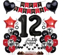 Decorazione per il 12° compleanno per ragazze - Decorazione per torta, colore nero rosso, decorazione per feste 12 anni, 12° palloncini, coriandoli, palloncino numero 12, decorazione