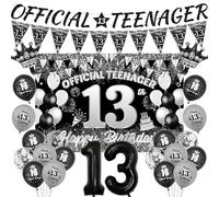 Decorazione per il 13° compleanno, per ragazze e ragazzi, 27 pezzi, nero e argento, Happy Official Teenager, striscioni, bandierine, 13 palloncini a corona, palloncini per decorazioni per feste dei 13