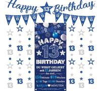 Decorazione per il 13° compleanno per ragazze e ragazzi, 9 pezzi, blu e argento, con scritta "Happy 13th Birthday", bandierine triangolari, numero 13, cerchio, puntini, stelle scintillanti, ghirlanda