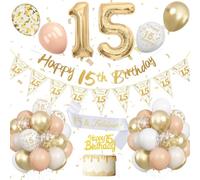 Decorazione per il 15° compleanno per ragazze, decorazioni per il 15° compleanno ragazza, palloncini beige oro bianco con striscione Happy 15th, topper per torta, palloncini in lamina per ragazzi e