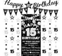 Decorazione per il 15° compleanno per ragazze e ragazzi, 9 pezzi, nero e argento, con scritta "Happy 15th Birthday", bandierine triangolari, numero 15, cerchio, puntini, stelle scintillanti, ghirlanda