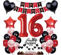 Decorazione per il 16° compleanno, decorazione per il 16° compleanno, decorazione per torta per 16° compleanno, ragazza, Happy Birthday, rosso, nero, set decorativo per 16 anni, numero 16 palloncini