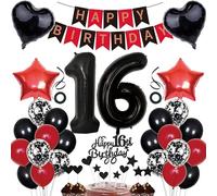 Decorazione per il 16° compleanno, decorazione per torta per il 16° compleanno, ghirlanda di colore nero, rosso, decorazione per 16° compleanno, decorazione per feste di compleanno, 16° compleanno,