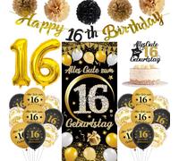 Decorazione per il 16° compleanno, per bambine e ragazzi, 28 pezzi, nero e oro, con scritta "Happy 16th Birthday", con scritta in lingua inglese "Happy 16th Birthday"