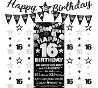 Decorazione per il 16° compleanno per ragazze e ragazzi, 9 pezzi, nero e argento, con scritta "Happy 16th Birthday", bandierine triangolari, numero 16, cerchio, puntini, stelle scintillanti, ghirlanda