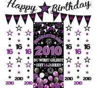 Decorazione per il 16° compleanno per ragazze e ragazzi, 9 pezzi, nero e viola, ottimo sfondi dal 2010, bandierine triangolari, numero 16, cerchio, puntini, stelle scintillanti, ghirlanda per feste