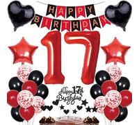 Decorazione per il 17° compleanno, decorazione per il 17° compleanno, decorazione per torta per 17° compleanno, ragazza, Happy Birthday, rosso, nero, set decorativo per 17 anni, numero 17 palloncini