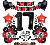 Decorazione per il 17° compleanno per bambine - Decorazione per torte, colore nero, rosso, decorazione per feste 17° palloncini con coriandoli, numero 17 - decorazione per 17° compleanno