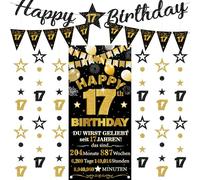 Decorazione per il 17° compleanno per ragazze e ragazzi, 9 pezzi, nero e oro, con scritta "Happy 17th Birthday", bandierine triangolari, numero 17, cerchio, puntini, stelle scintillanti, ghirlanda per