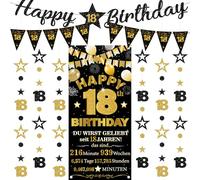 Decorazione per il 18° compleanno da uomo e donna, 9 pezzi, nero e oro, con scritta "Happy 18th Birthday", bandierine triangolari, numero 18, cerchio, punti, stelle scintillanti, ghirlanda per uomini