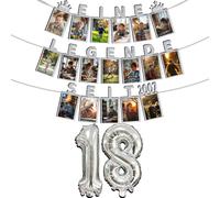 Decorazione per il 18° compleanno, ragazzo/ragazza - una leggenda dal 2007 - 18 biglietti glitterati possono inserire foto da 1 a 18 anni, palloncini con numeri di 18 anni (argento)