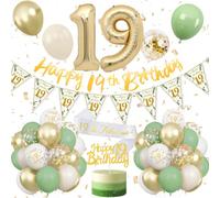 Decorazione per il 19° compleanno per ragazze, decorazione per il 19° compleanno con palloncini verde salvia in oro bianco, striscione per 19° compleanno, decorazione per torte, numero 19, palloncini
