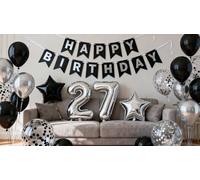 Decorazione per il 27° compleanno, nero e argento, striscione per 27° compleanno, numero 27 palloncini in lamina metallica argento metallizzato, palloncini in lattice per uomini, marito, lui, 27 anni,