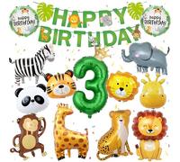 Decorazione per il 3° compleanno, per bambine - 29 pezzi giungla decorazione di compleanno 3 anni con Happy Birthday Banner animali della foresta, palloncino zebra, giraffa animale, decorazione per il