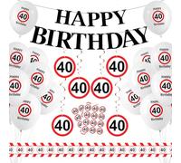 Decorazione per il 40° Compleanno, Palloncini Accessori 40 Anni con Ghirlanda, Stelle Filanti, Adesivi, 40° Compleanno Happy Birthday Decorazioni Segnale Stradale per Festa 40 Compleanno Uomini Donne