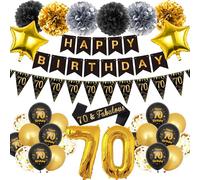 Decorazione per il 70° compleanno, per uomini e donne, 33 pezzi, nero e oro, con scritta "Happy Birthday", palloncino con numero 70, palloncini in lattice per lui, lei, uomini, donne, 70 anni